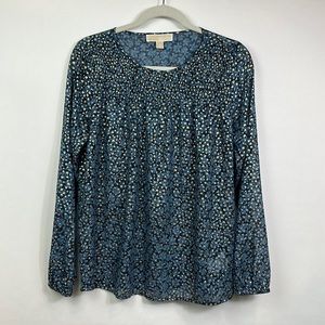 MICHAEL Michael Kors Blue Long Sleeve Gold Tone Blouse, Size S